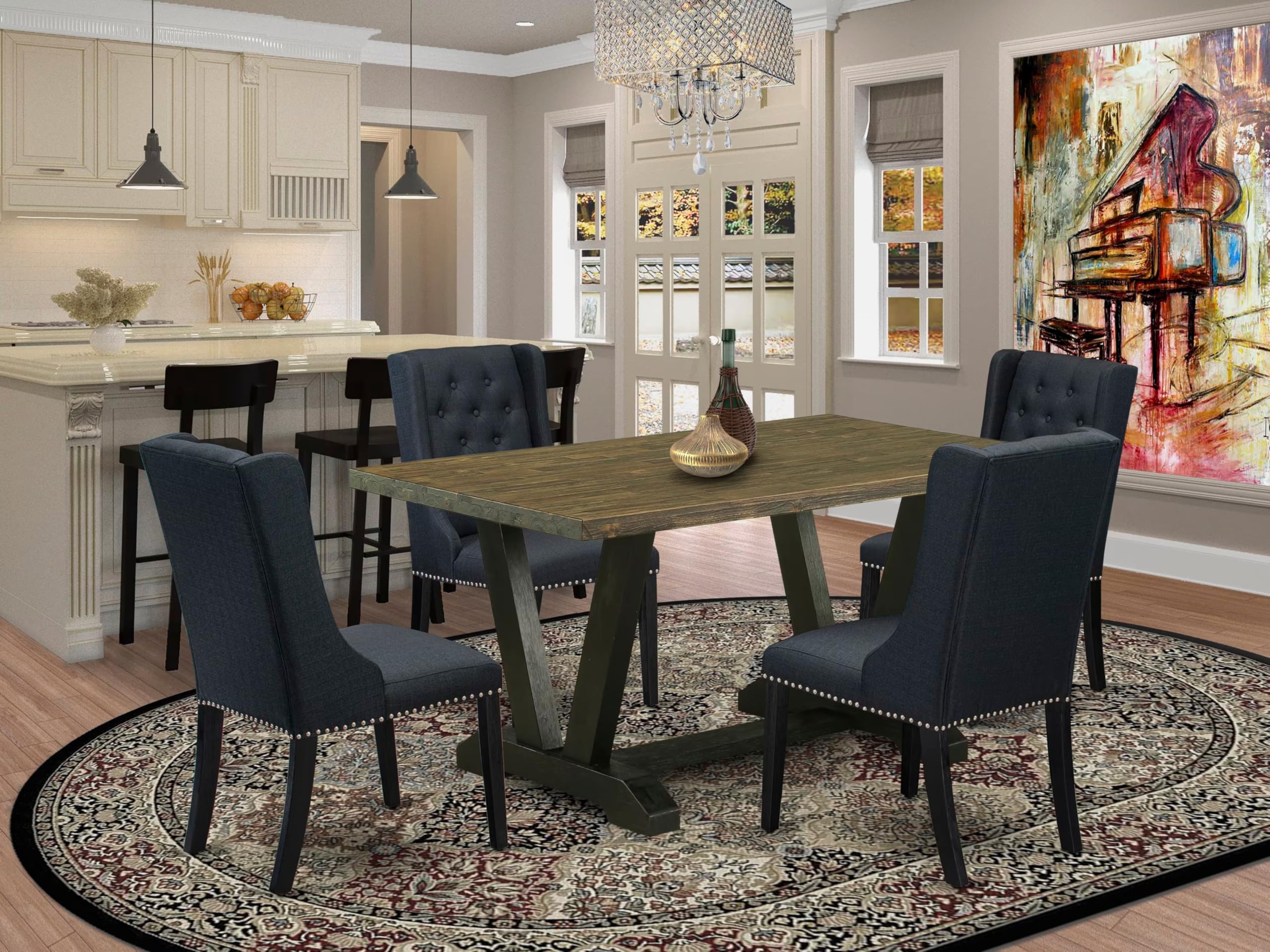 East West Furniture V676FO624-5 5 Piece Dinette Set for 4 Includes a Rectangle Dining Room Table with V-Legs and 4 Black Linen Fabric Upholstered Parson Chairs, 36x60 Inch, Multi-Color